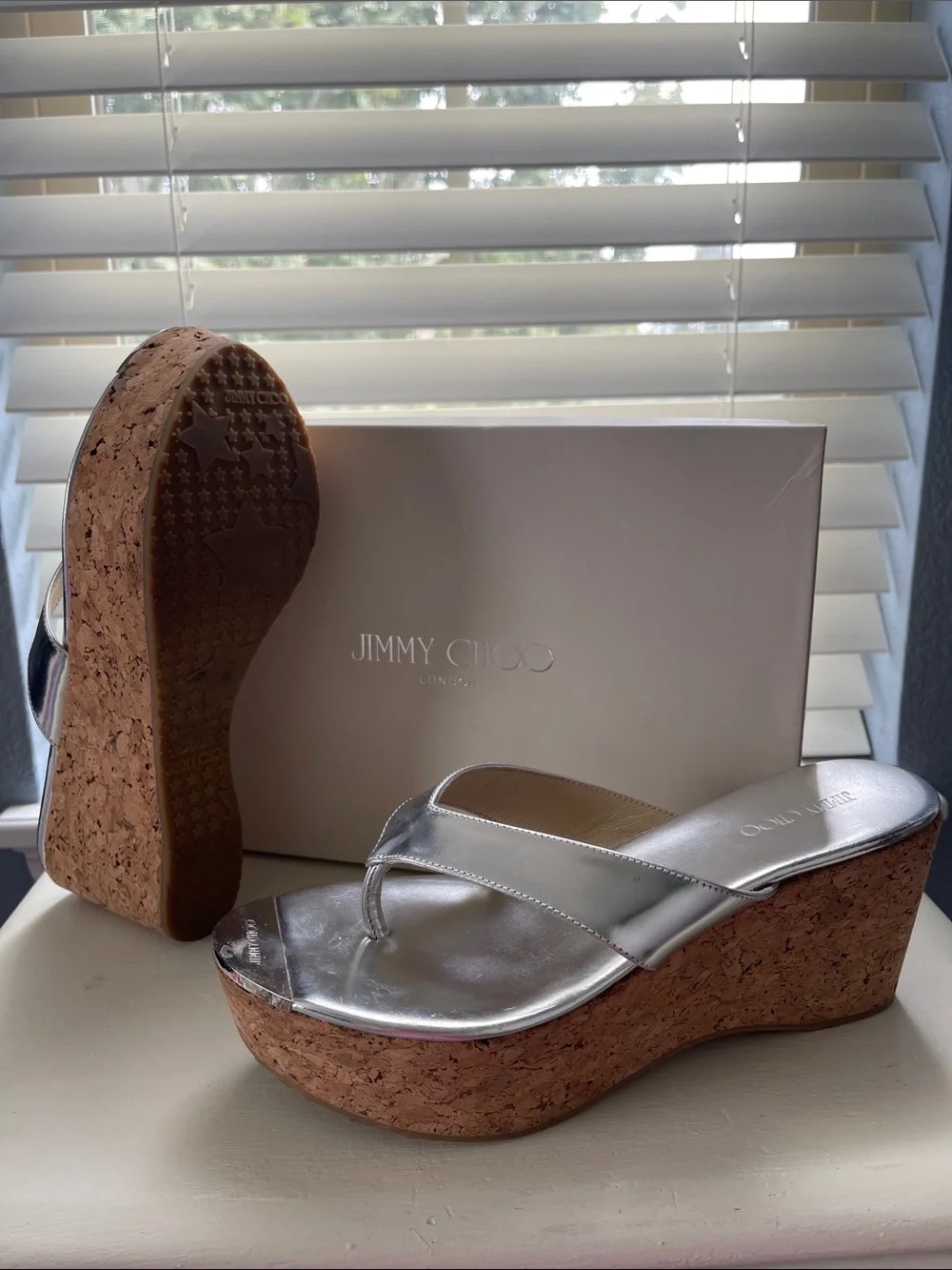 Jimmy Choo Silver Metallic Cork Wedge Thong Sandals